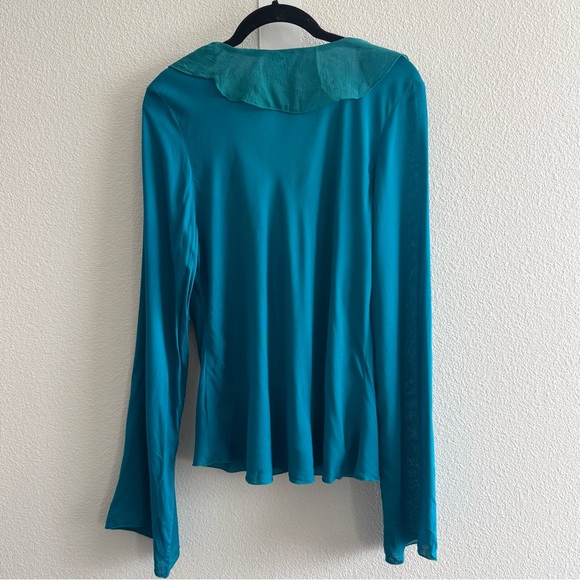 Rainbow Jo Blue Open Front Rayon Silk Bell Sleeve Blouse Ruffle Collar Boho - Picture 3 of 10